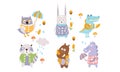 Cute Forest Animals Set, Autumn Season Design Elements, Owl, Rabbit, Crocodile, Raccoon, Rhino, Dragon Vector