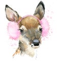 Cute forest deer T-shirt graphics, watercolor deer illustration