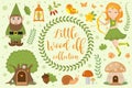 Cute forest elf character set of objects. Collection of design element with elven archer, dwarf, tree mushroom house Royalty Free Stock Photo