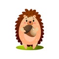 Cute forest hedgehog find fresh oak acorn