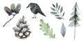 Cute forest icons. Scandinavian watercolor symbols. Woodland decoration illustration. Forest wildlife set graphics