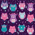 Cute forest owls vector seamless pattern. Hand drawn lovely birds background in colors of purple, blue and pink