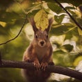 A cute forest squirrel gnaws a nut on a branch in the autumn forest Royalty Free Stock Photo