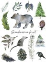 Cute forest watercolor symbols with woody landscape. Scandinavian decorative illustration. Royalty Free Stock Photo