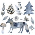 Cute forest watercolor symbols with woody landscape. Scandinavian decorative illustration. Royalty Free Stock Photo