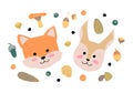 Cute forest woodland animals including fox and squirrel. Vector illustration of forest animal heads and faces