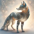 A cute four-legged fox wearing all-metal armor, with intricate detailing, against the backdrop of an ethereal glowing forest