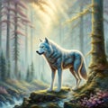 A cute four-legged wolf with a coat with intricate ruffled detail, against the backdrop of an ethereal, bright forest