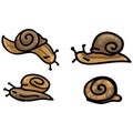 Cute four snail cartoon vector illustration motif set. Hand drawn isolated garden creepy crawlie elements clipart for Royalty Free Stock Photo