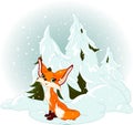 Cute fox against a snowy forest