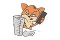 Cute Fox angrily talking on the phone and sitting with a pile of papers in front.