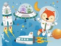 Cute fox in astronaut costume, aliens in spacecraft, outer space elements cartoon