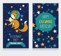 Cute fox-astronaut on starry background, funny invitation cards for cosmic birthday party