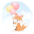 Cute fox and balloons hand drawn cartoon watercolor background Royalty Free Stock Photo