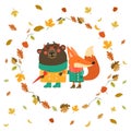 Cute fox and bear walking in wreath of autumn