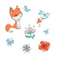 Cute fox and bird, butterfly mushroom and flowers spring collection