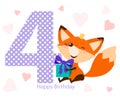 Cute fox with bright gift. Happy birthday card design. Royalty Free Stock Photo