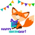 Cute fox with bright gift. Happy birthday card design.