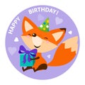 Cute fox with bright gift. Happy birthday card design. Royalty Free Stock Photo
