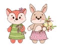 Cute fox and bunny, hare or rabbit in hand drawn style.