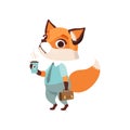 Cute fox businessman character in formal wear with cup of coffee and briefcase, funny forest animal vector Illustration Royalty Free Stock Photo