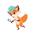 Cute fox character detective holding magnifying glass, funny forest animal vector Illustration on a white background Royalty Free Stock Photo