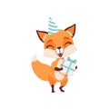 Cute fox character in party hat holding gift box, funny forest animal vector Illustration on a white background Royalty Free Stock Photo