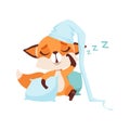 Cute fox character wearing hat sleeping on a pillow, funny forest animal vector Illustration on a white background