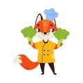 Cute Fox Chef Character in Toque Hold Broccoli Vector Illustration