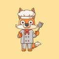 Cute fox chef cook serve food animal chibi character mascot icon flat line art style illustration concept cartoon Royalty Free Stock Photo