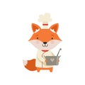 Cute fox in chef uniform holding saucepan, cartoon animal character cooking vector Illustration on a white background