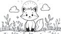 Cute fox cub sitting in a field with plants and clouds line art drawing Royalty Free Stock Photo