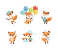 Cute fox cub in different activities set. Lovely baby animal following the trail, holding colorful balloons, drinking