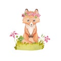 Cute fox cub in the grass with watercolor flowers. Baby foxes in the clearing. Illustration of a forest animal in childish style.