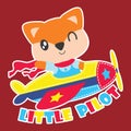 Cute fox flies plabe as little pilot cartoon illustration for kid t shirt design Royalty Free Stock Photo