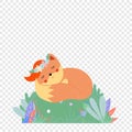 Cute fox in flower wreath sleep on green field