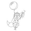 Cute fox fly in balloon doodle. Fox hold magic wand. Joyful pet character. First pet for children. Cute vector hand