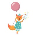 Cute fox fly in balloon. Fox hold magic wand. Joyful pet character. First pet for children. Cute vector cartoon