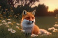 Cute fox on green lawn with daisies at sunset. Beautiful cunning animal on green grass with wild flowers, chamomiles