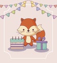 Cute fox happy birthday card with gift and icons Royalty Free Stock Photo