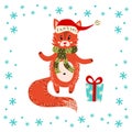 Cute fox in hat, scarf with Christmas gift and snowflakes. Cartoon character. New Year. Copy space. Flat design. Vector Royalty Free Stock Photo