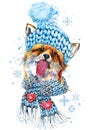 Cute fox in a knitted hat with snowflake watercolor background. watercolor winter wild forest animal illustration.