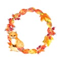 Cute fox, leaves, berries. Autumn wreath. Watercolor circle border