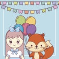 Cute fox with little girl happy birthday card Royalty Free Stock Photo