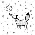 Cute fox looking at the star coloring page. Fantasy background for coloring book Royalty Free Stock Photo