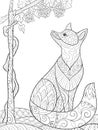 Adult coloring book,page a cute fox looks at the grapes image for relaxing.Zen art style illustration.