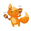 Cute fox with maracas. Vector illustration on white background.