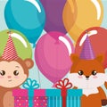 Cute fox and monkey with gifts