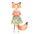 Cute fox in an orange blouse and a green skirt with flowers, boho style, white background, watercolor, foxy lady