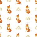 Cute fox pattern seamless with rainbow Simple animal textile background Kids vector fox Scandinavian style